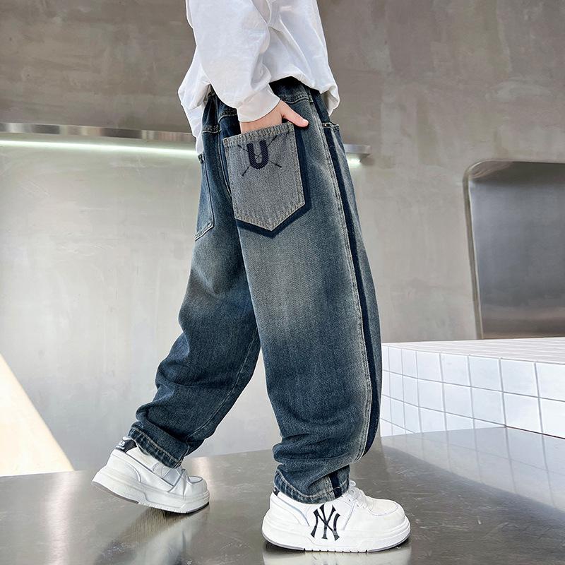 Джинсы на флисовой подкладке для мальчиков Весна-Осень 2025 - Повседневные длинные брюки для детей