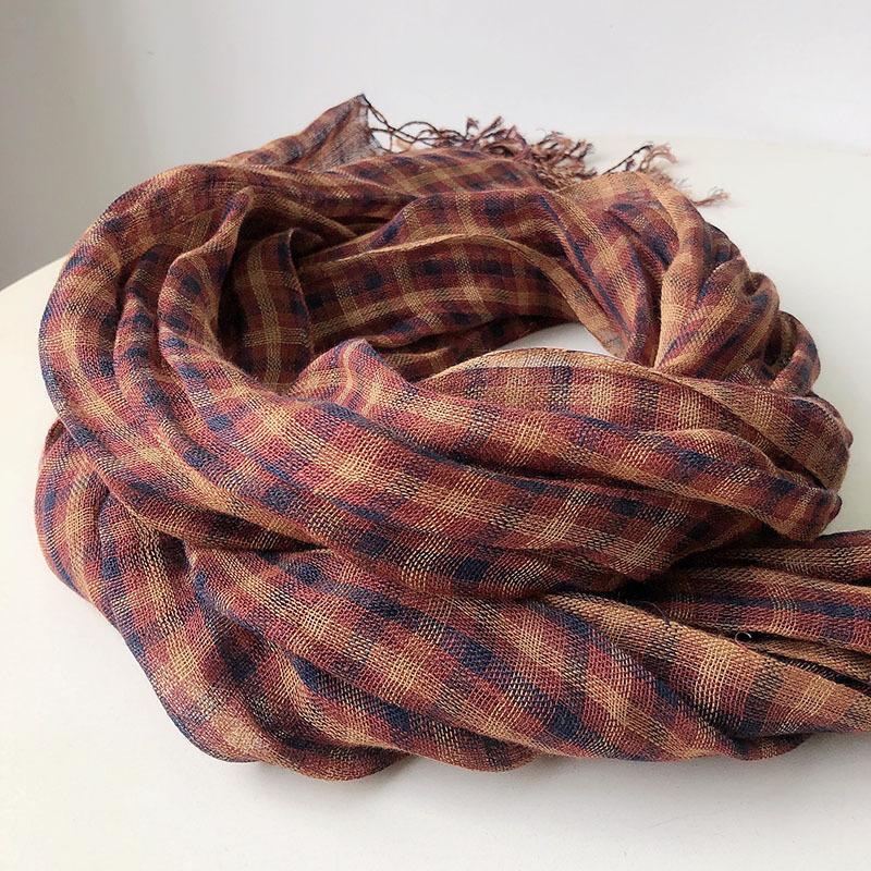 Синий Льняной Шарф в Мелкую Клетку Тонкий Дышащий Защитник Шеи Шелковый Шарф Женский С Бахромой Длинная Шаль