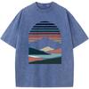 Men's Retro Geometric Maca Sunset Mountain Short-Sleeved 230g Fashion Loose Washed T-Shirt Cotton Summer Cotton Bleached Tshirt