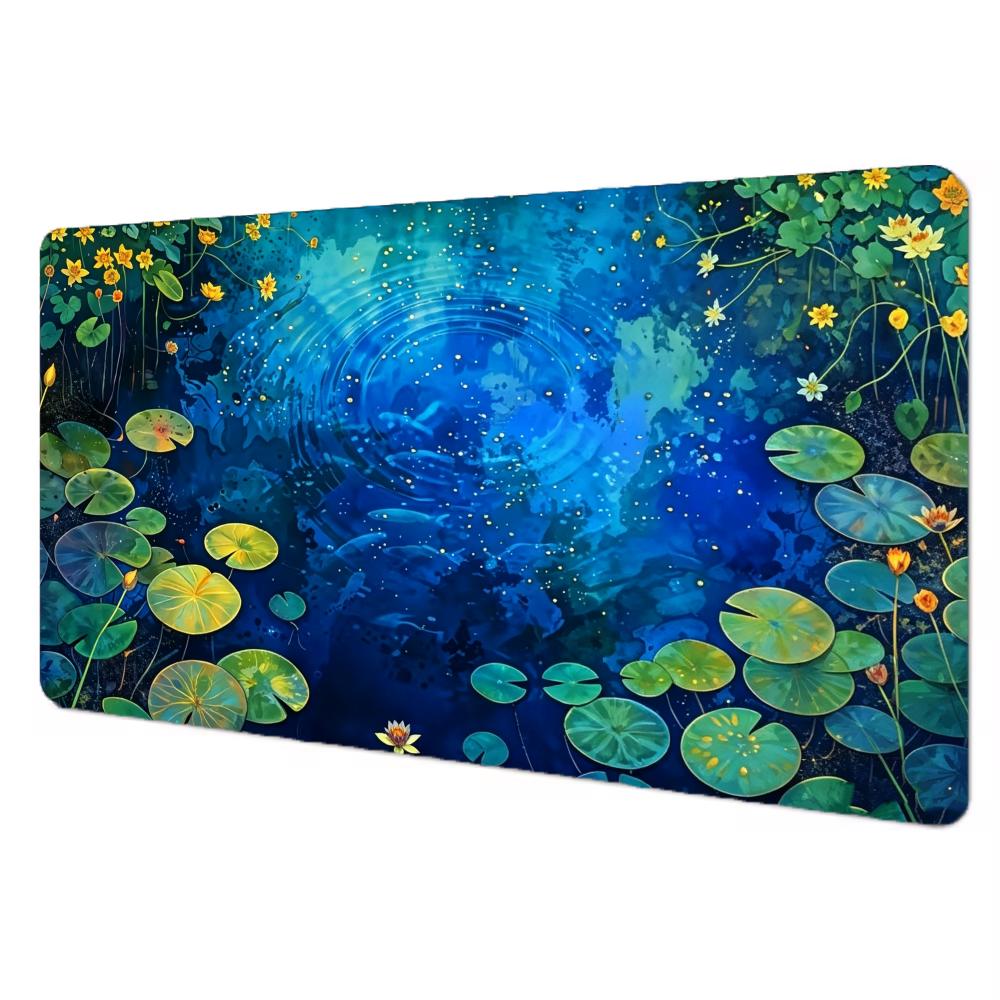 60*35 Blue Green Water Lily Pond Oil Painting Large Mouse Pad Non Slip Rubber Stitched Edge Desk Mat For Home Office Decor