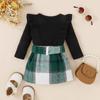 Осенние комплекты одежды для маленьких девочек, 3 мес, 6 мес, 9 мес, 12 мес, 18 мес, однотонный комбинезон с длинными рукавами и рюшами + клетчатая юбка с поясом