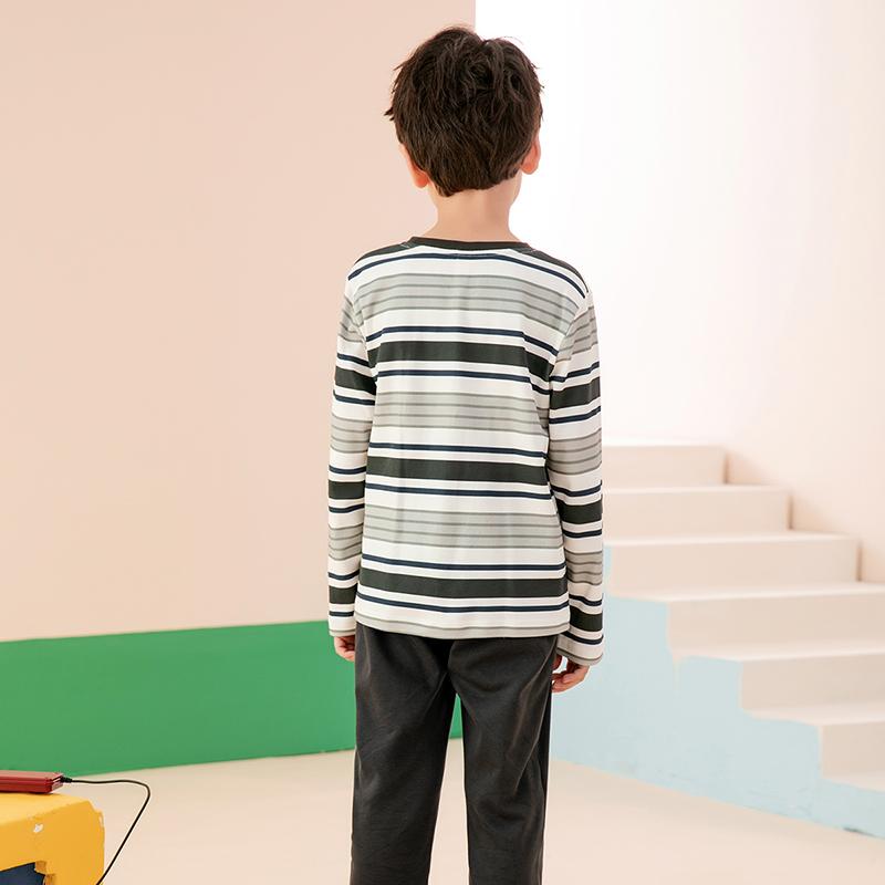 Fenteng [Yungan Cotton Parent Child Clothing] Early Autumn Edging Round Neck Striped Children's Set Home Clothes Boys' Pajamas