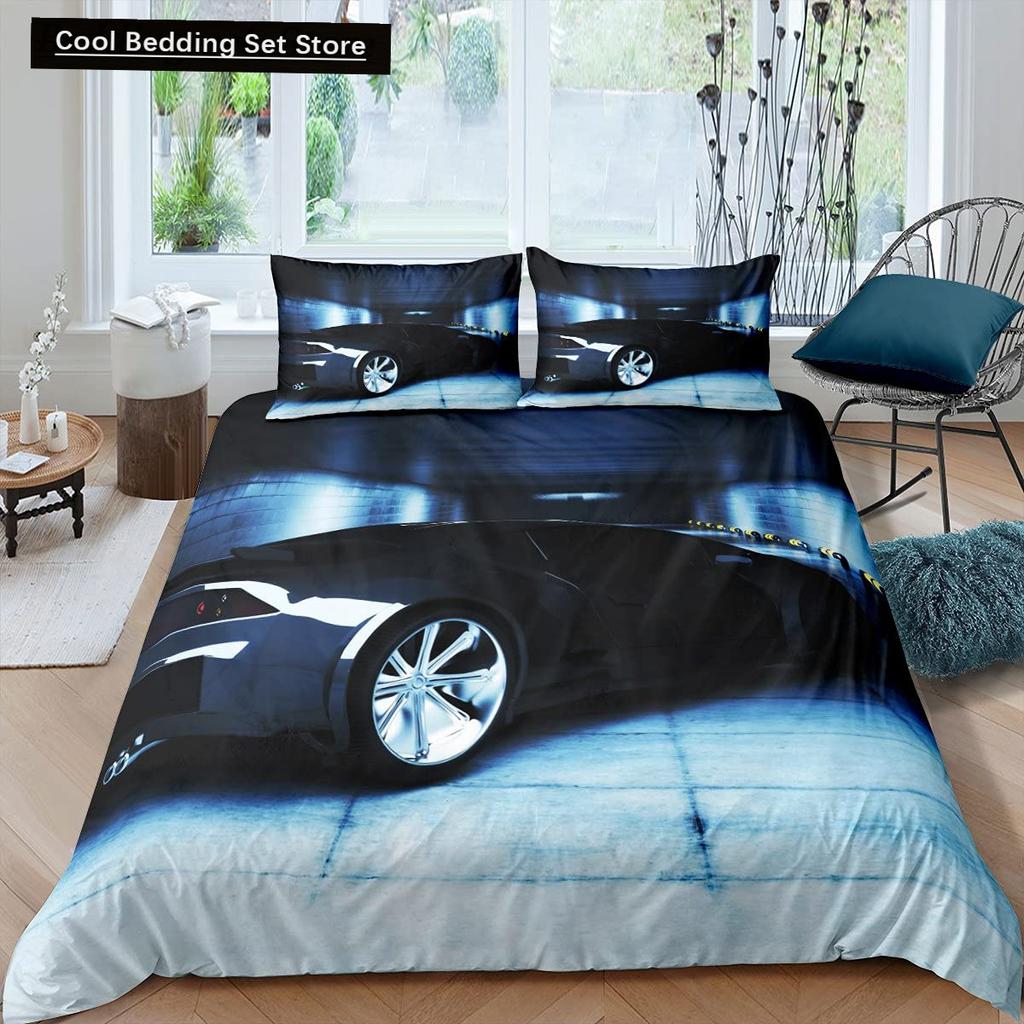 Race Car King Queen Duvet Cover Cool Speed Racing Bedding Set Teens Men Black Sport Car Quilt Cover Polyester Comforter Cover
