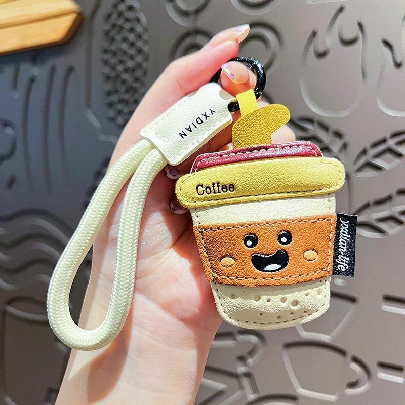 Creative Cartoon Leather Snacks Keychain Cute French Fries Coffee Ice Cream Keyring For Men Women Car Bag Pendant Jewelry Gift