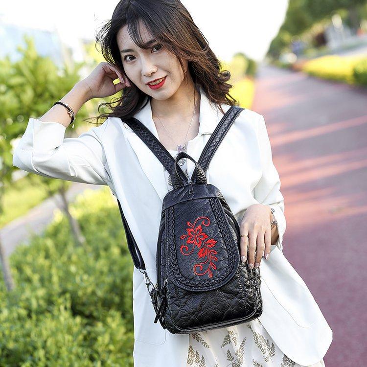Embroidered Chest Bag, Women's New Fashionable Washed PU Bag Large Capacity Lightweight Shopping and Travel Backpack