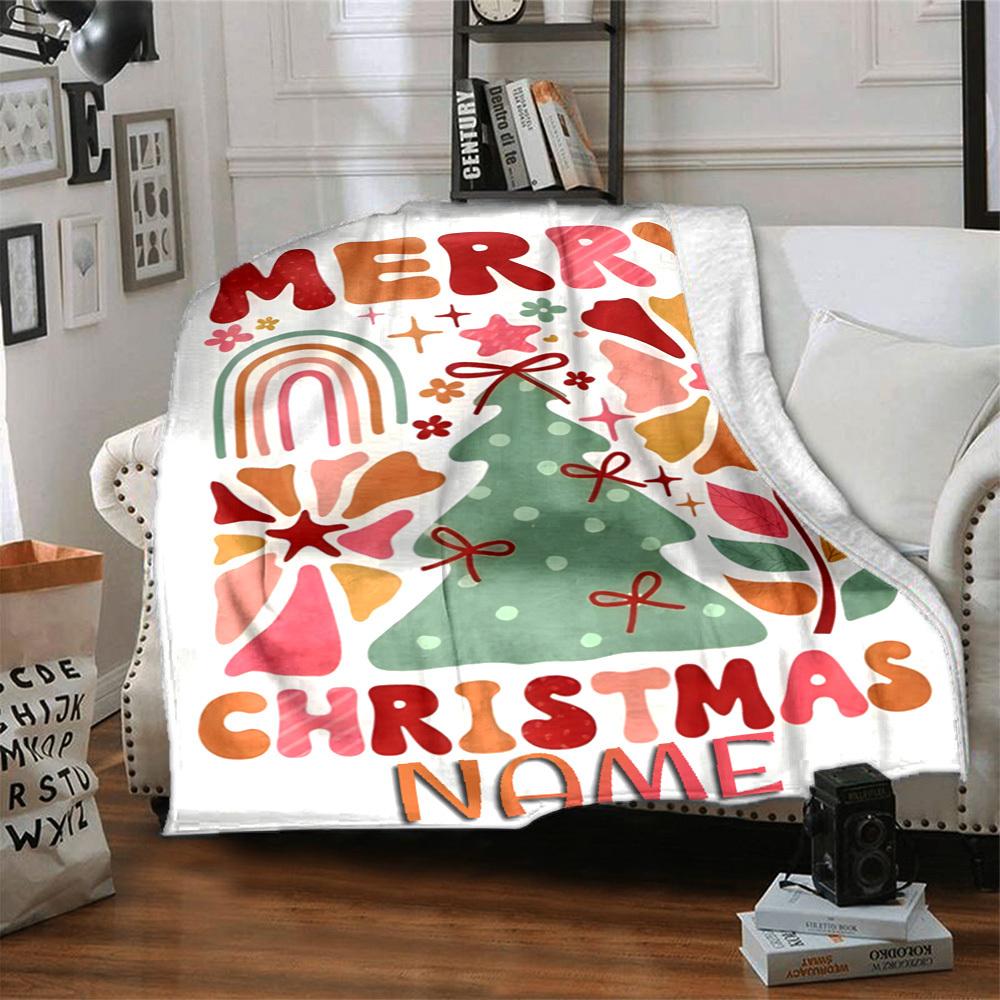 Merry Christmas With Rainbow And Tree Throw Personalized Blanket Personalized Name Warmthful Decor Throw For Sofa Couch Office Bed Picnics Four