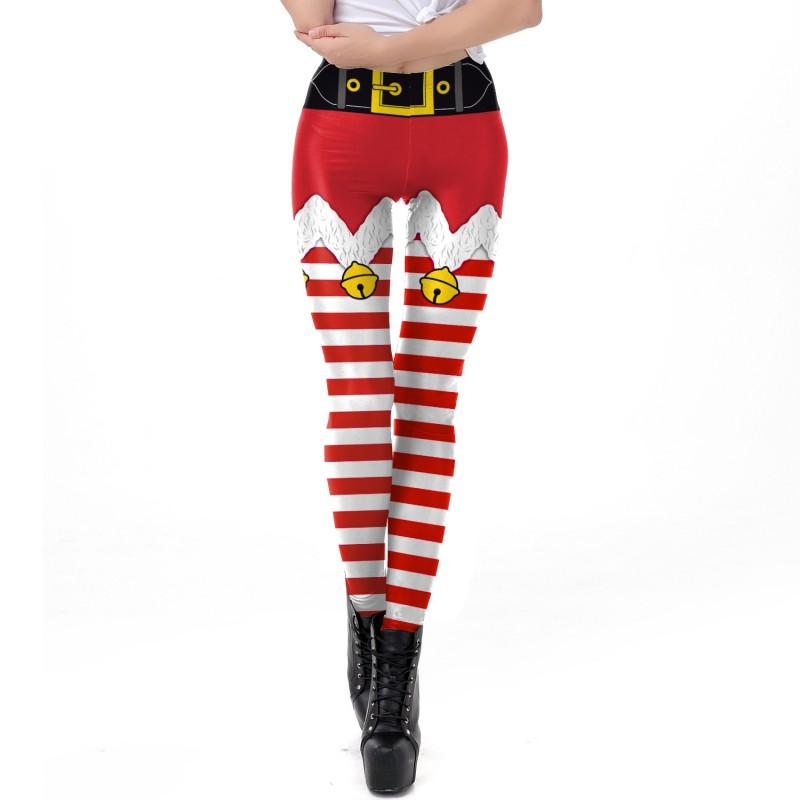 Womens Christmas Striped Print Slim Mid-Rise Leggings Cosplay Bottoms