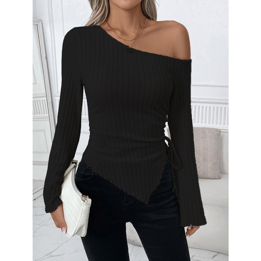 Fall Women's Off-shoulder Flare Sleeve Irregular Lace-up Knit Top