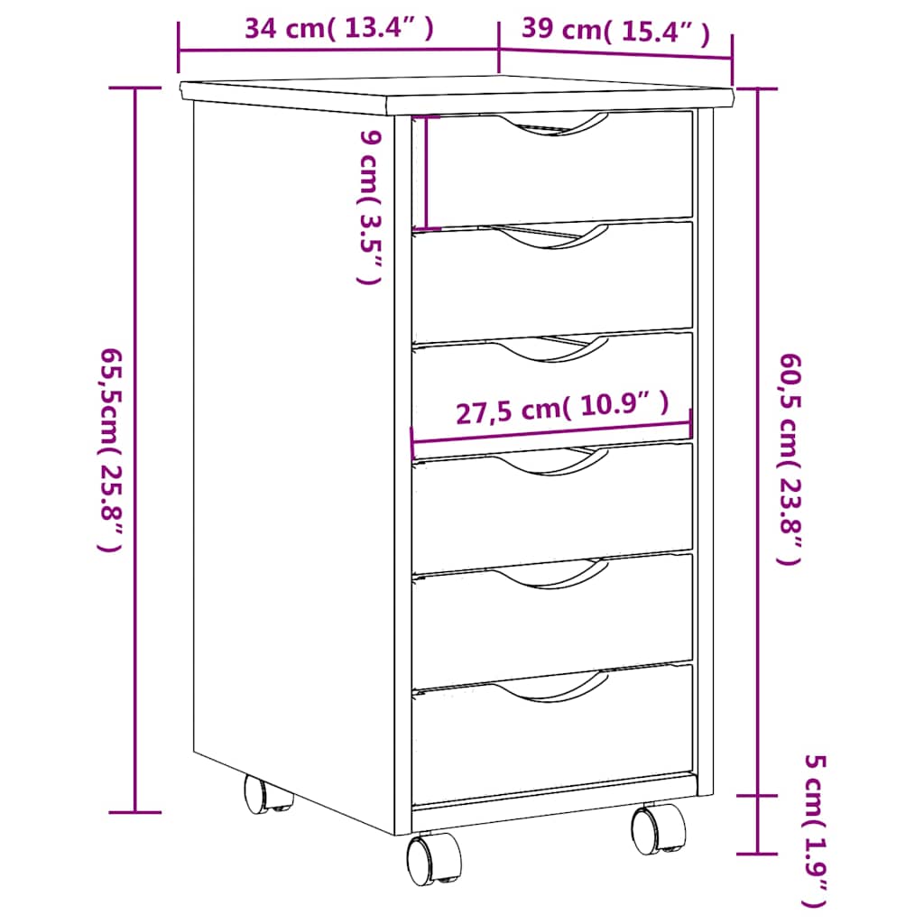 MOSS Mobile Drawer Cabinet in White Solid Pine Wood