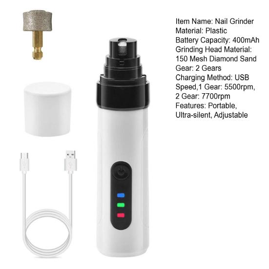 Cordless Pet Nail Grinder USB Rechargeable Electric Dog Nail Trimmer Ultra-Silent Paws Grooming Tool for Small Medium Large Dogs Cats
