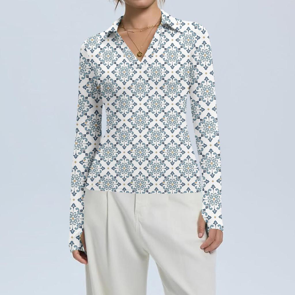 Женская Мода Повседневный Принт V-образный Вырез Длинный Рукав Застежка на Пуговицы Топ