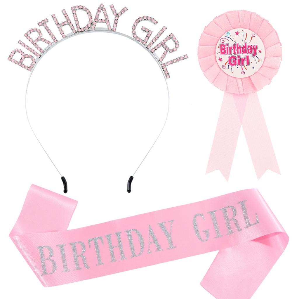 3Pcs Birthday Girl Accessories Set With Glittering Sash Rhinestones Headband Decorative Pin For Birthday Decoration