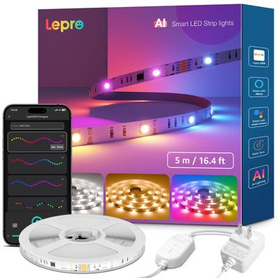 Светодиодная лента Lepro S2 AI, RGBCW+IC, 5 м, AI Lighting Designer, Совместимость с Alexa, RGB + Теплый белый + Дневной белый, Рождество, 16 миллионов цветов,