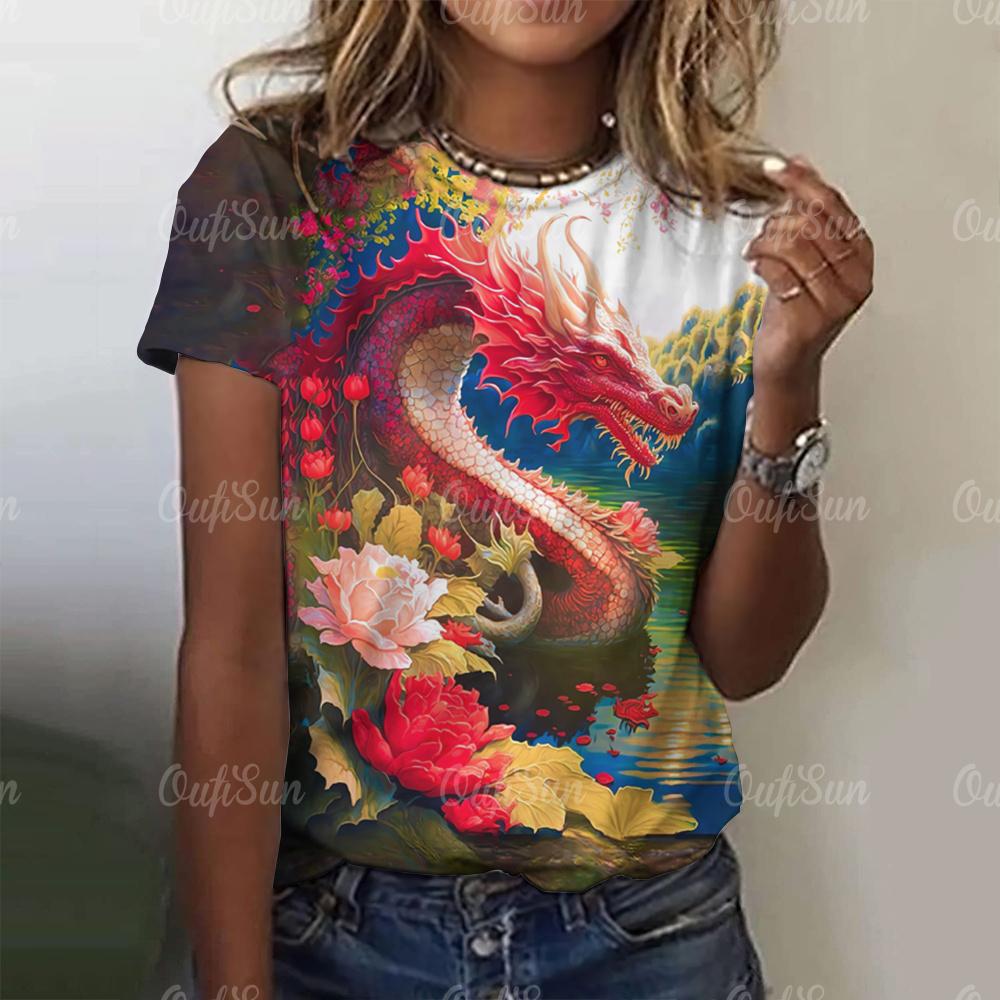 Женская футболка с драконом, модная футболка с 3D-принтом, анималистичный узор, короткие рукава, свободные уличные футболки, летние повседневные женские топы