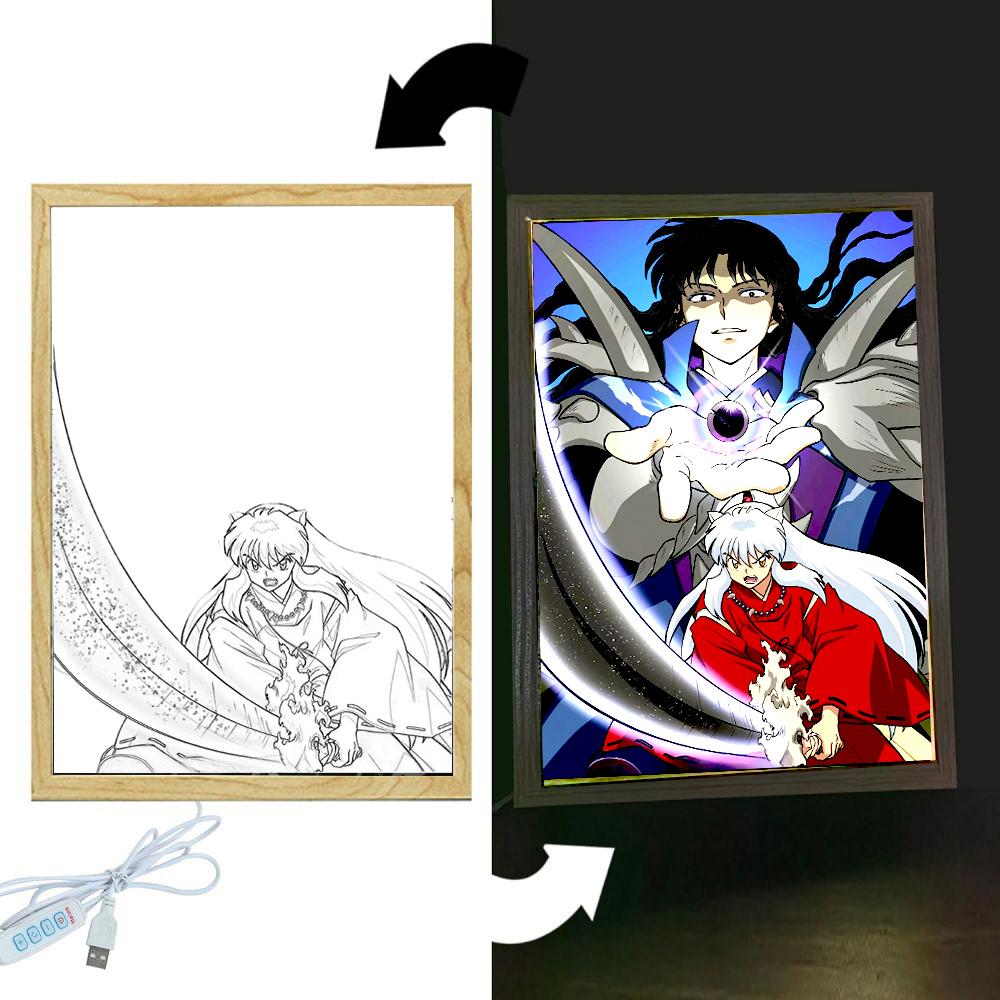Anime Figure Inuyasha Light Painting Photo Frame Led Night Light Home Bedroom Bedside Table Decoration Christmas Gifts Moon Lamp