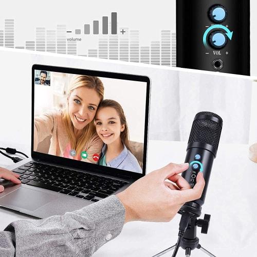 DEARING Condenser Microphone, Tabletop, Tripod, One-Click Mute, Noise Reduction, Volume Control, Earphone Monitor Function, Unidirectional, PC Microph