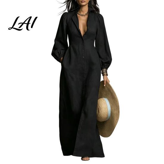 Collared Shirt Style Dresses Women Button Front Dress Long Sleeve Turn-down Collar Solid Color Cinched Waist Dress for Daily Office Up