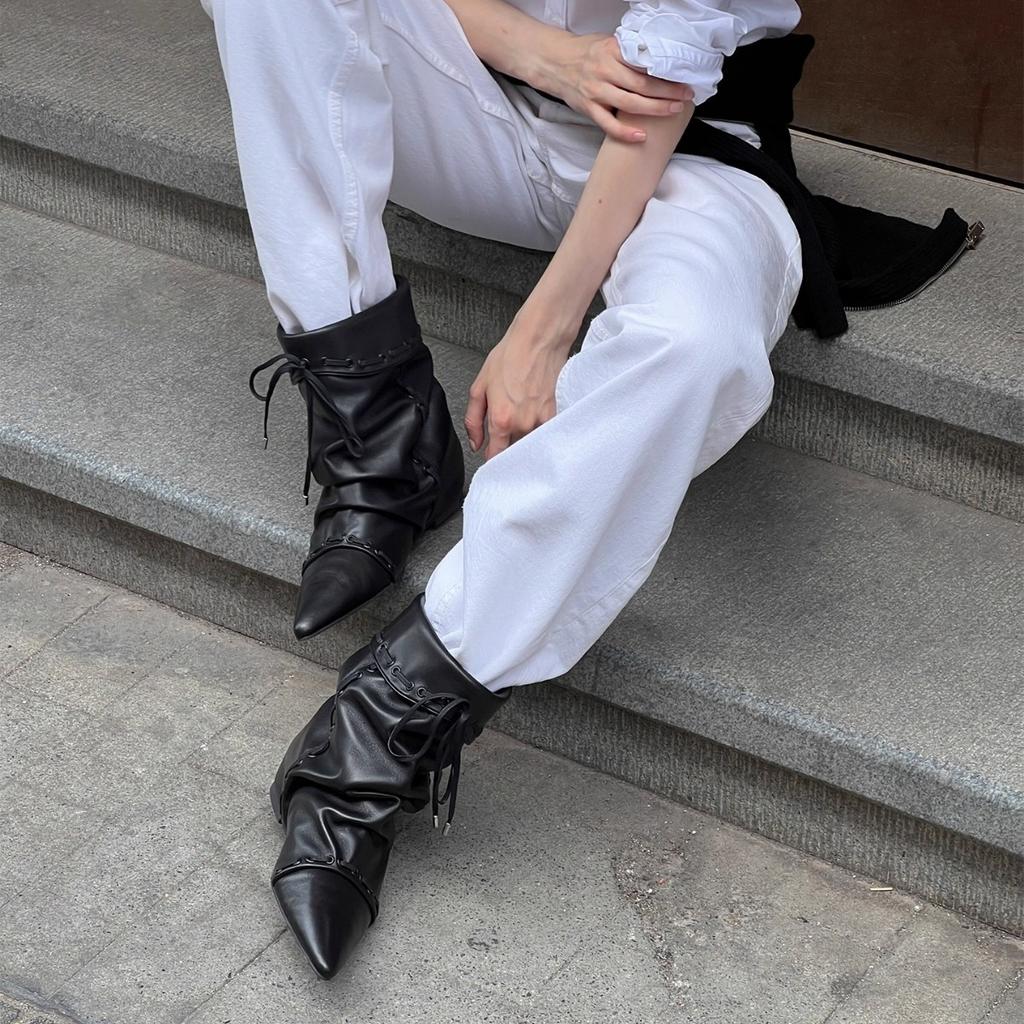 Foldable Two-wear Dong Life Same 25 New Stacked Ankle Boots You Mufeng Pointed Short Boots Stacked Boots Women