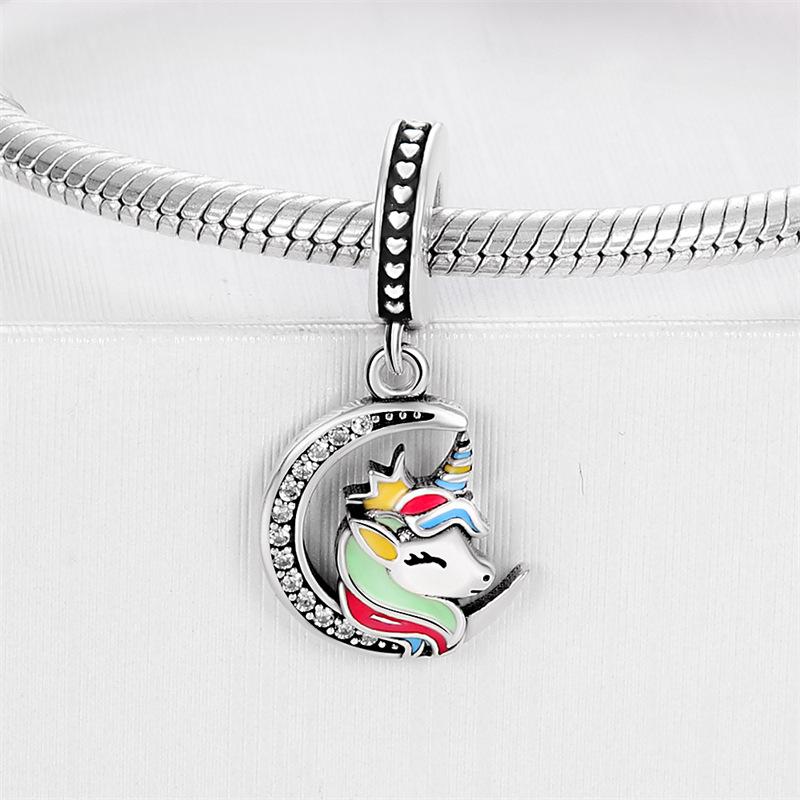S925 Silver Rainbow Seven Heart Shaped Pony Unicorn Pendant Necklace Jewelry