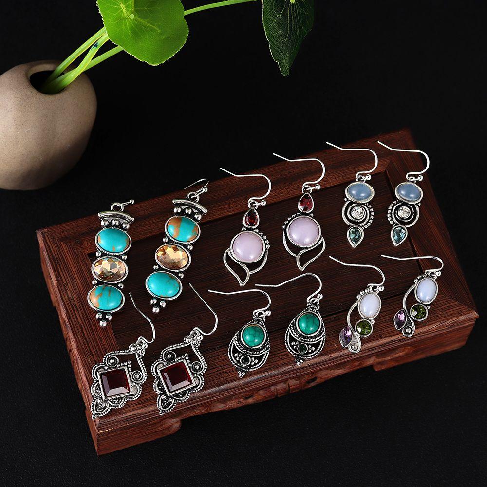 1Pair Chic Dangle Hook Vintage Jewelry Multi-Gemstone Ear Stud Moonstone Earrings Turquoise Amethyst