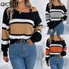 Autumn and Winter Casual Color-blocking Striped Lantern Sleeve Metal Buckle Off-the-shoulder Pullover Sweater for Women