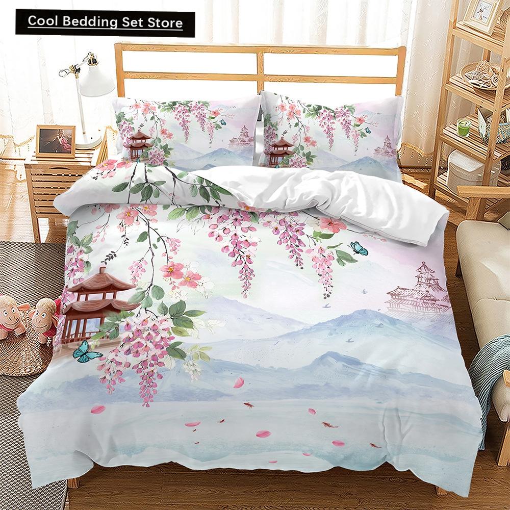 Pink Floral Duvet Cover Japanese Cherry Blossoms Theme Bedding Set Spring Romantic Quilt Cover For Girl Microfiber Bedspread