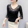 Летняя уличная одежда женские топы рубашка элегантная приталенная с V-образным вырезом горячие бриллианты сетчатая футболка рукава-клеш приталенные футболки