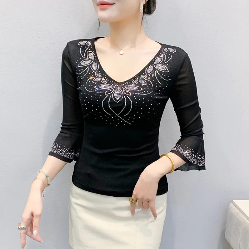 Летняя уличная одежда женские топы рубашка элегантная приталенная с V-образным вырезом горячие бриллианты сетчатая футболка рукава-клеш приталенные футболки