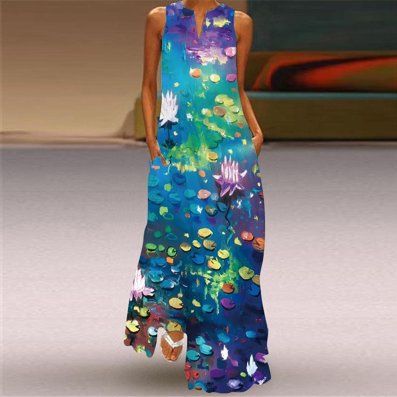QICED Summer Women's Sleeveless Long V-Neck Printed Jade Flower Dresses