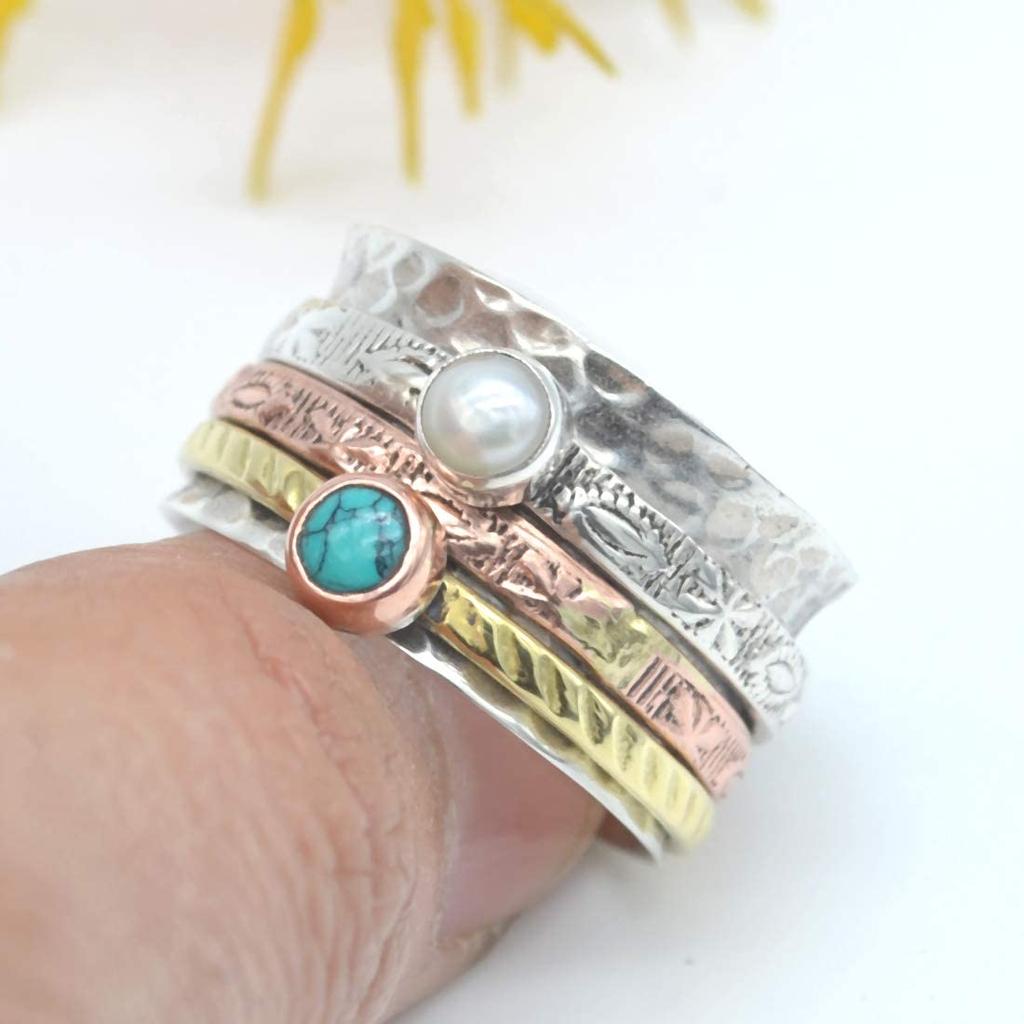 Pearl & Turquoise Ring, Spinner Ring, Handmade Ring, Meditation Ring, Gift For Her, Anniversary Gift, Solid Ring