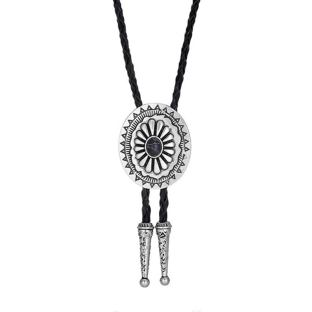 Cowboy Faux Leather Rope Bolo Tie Necktie With Tribal Metal Flower Stone Pendant Jewelry Necklace for Men and Women