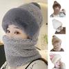 Women Plush Ball Decor Scarf Hat Solid Color Thickened Neck Warm Windproof Hat Thick Fluffy Beanie Winter Headgear