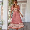 Women's Human Cotton Printed Dresses French Printed Vacation Style Square Neck Dresses