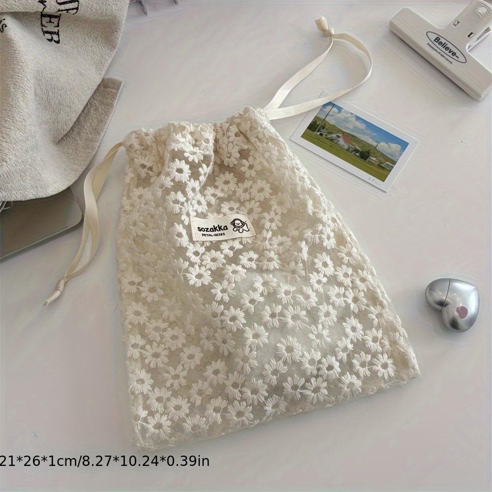 Mesh Embroidered Daisy Drawstring Storage Bag - Cute Lightweight Travel Organizer for Skincare & Toiletries, Beige, Hand Wash Only