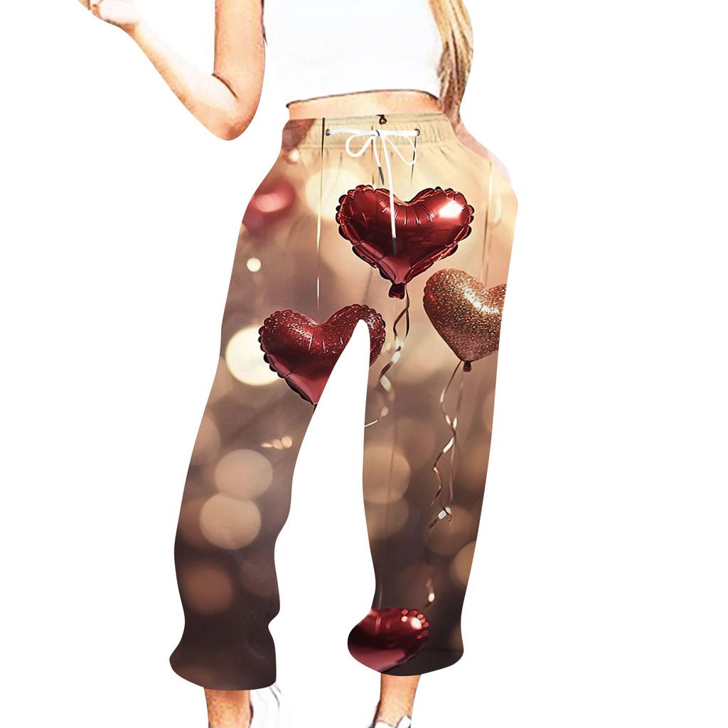 Женская повседневная мода День святого Валентина Повседневные брюки с принтом Спортивные брюки Брюки с эластичной резинкой на талии со шнурком Брюки со шнурком