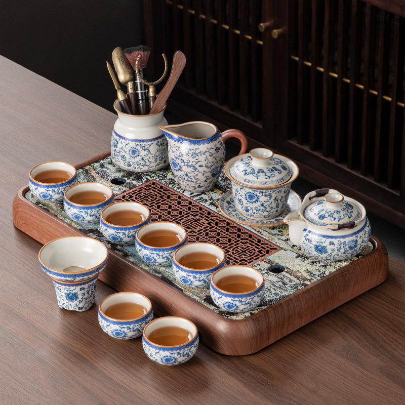 Chinese Retro Blue and White Ru Kiln Kung Fu Tea Set, Home Office Ceramic Teapot, Teacup, Tea Table, a Complete Set