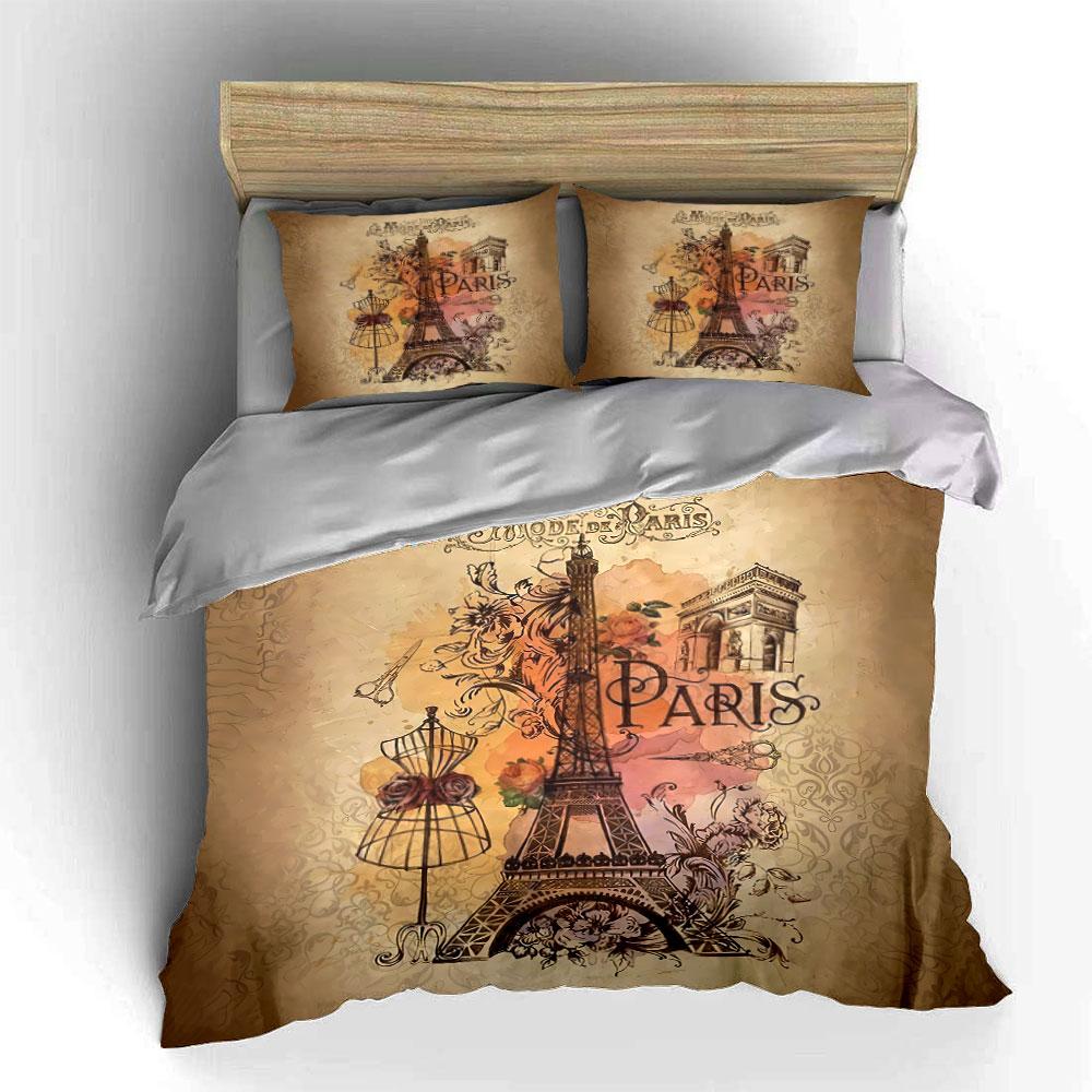 Vintage Paris Eiffel Tower Art Bedding Duvet Cover Set Duvet Cover Pillowcases (1*Duvet Cover 2*Pillowcases, without duvet insert)