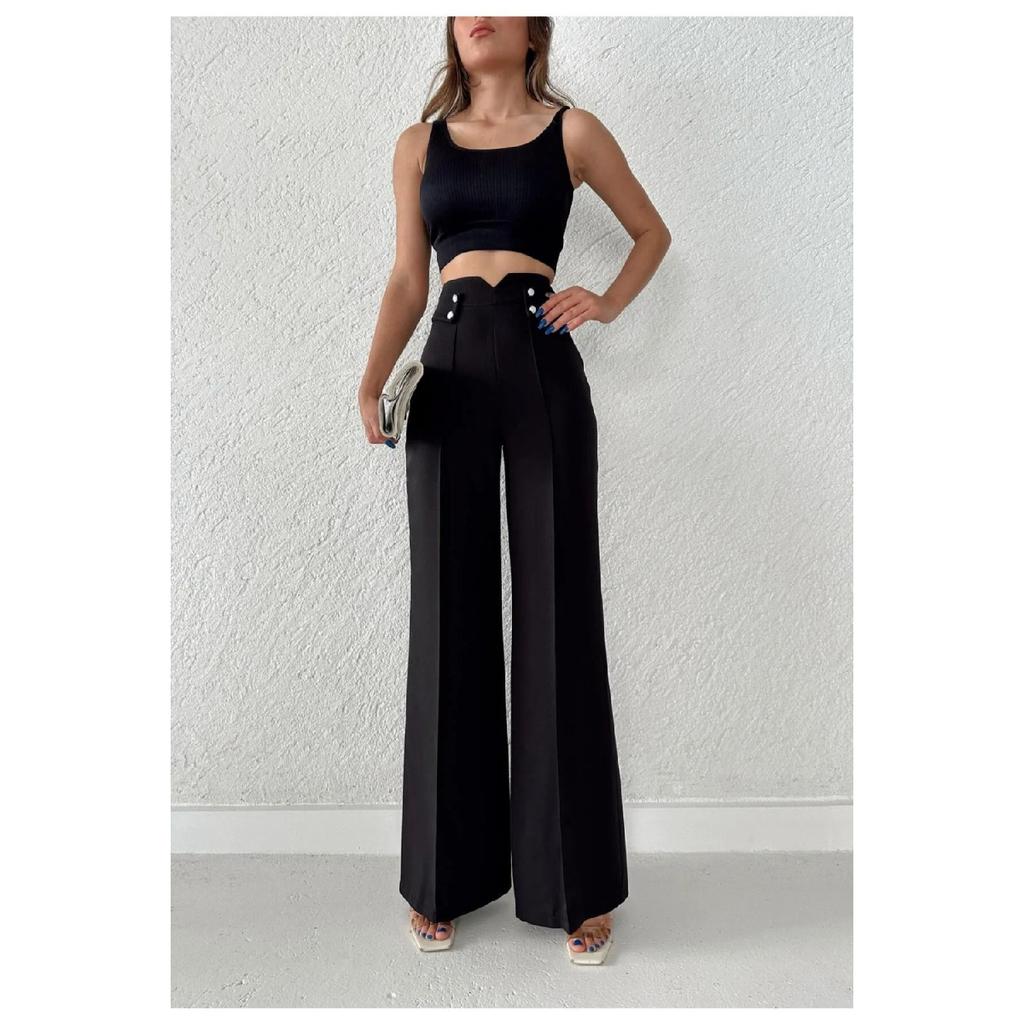 Women's High Waist Palazzo Buttoned Detail Slim Fit Pants