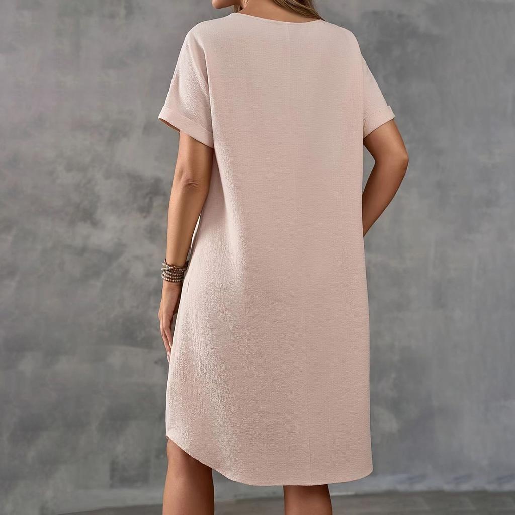 Женское летнее повседневное однотонное платье с круглым вырезом и коротким рукавом средней длины свободного покроя