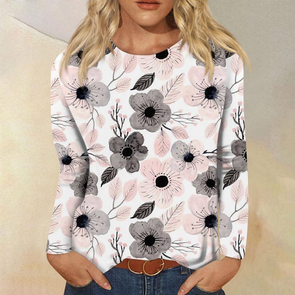Женская мода, повседневная блузка с длинным рукавом и цветочным принтом, пуловер с круглым вырезом