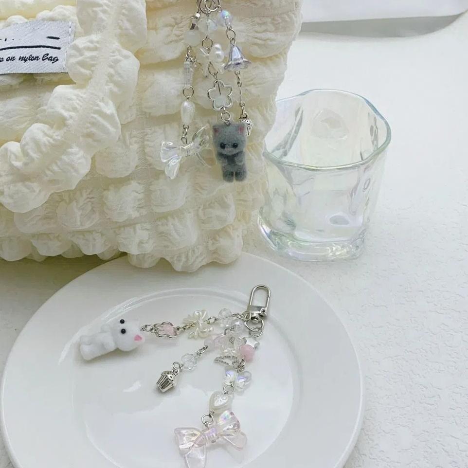 Cartoon Critters Persian Cat Pendant Bead String Car Keyring Soft Flocking Cat Keychain Girl