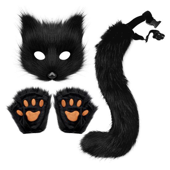 Faux Fur Cat Fox Maque Tail And Paw Gloves Set Handmade Furry Animal Therian Kit Masquerade Halloween Party Cosplay Costume Accessory