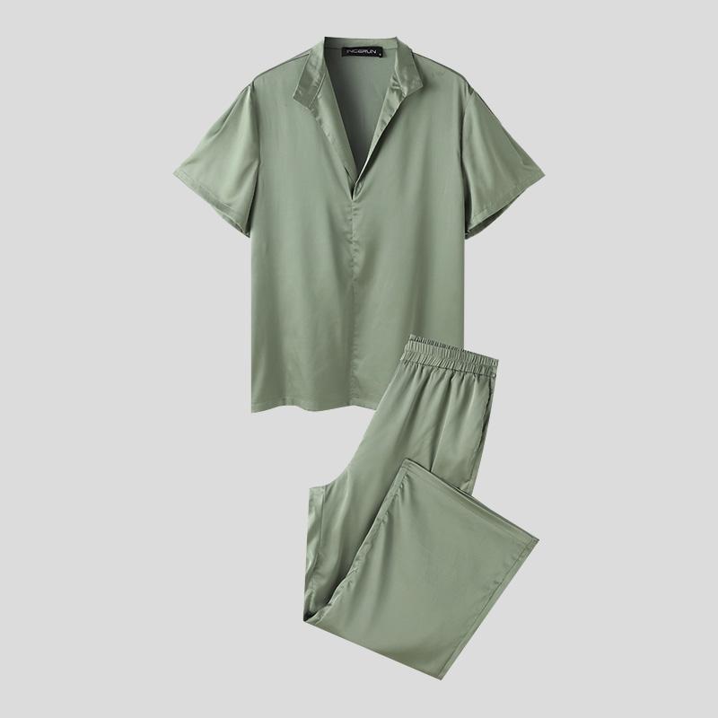 INCERUN Мужские однотонные атласные топы и брюки из двух частей с короткими рукавами