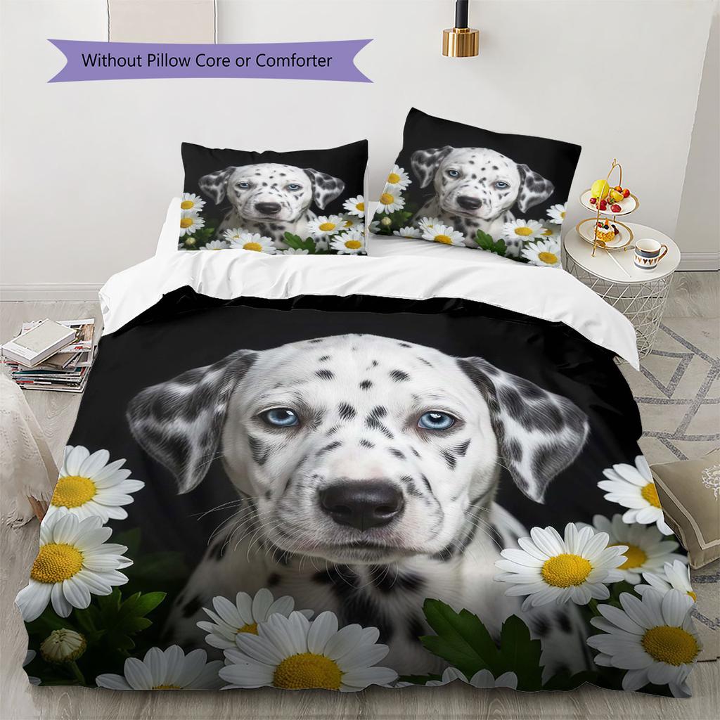 Flowers and dogs Pattern Bedding Quilt Set Quilt Cover Pillowcase Home Decoration Birthday Gift (1 * duvet cover + 2 * pillowcase, without core)