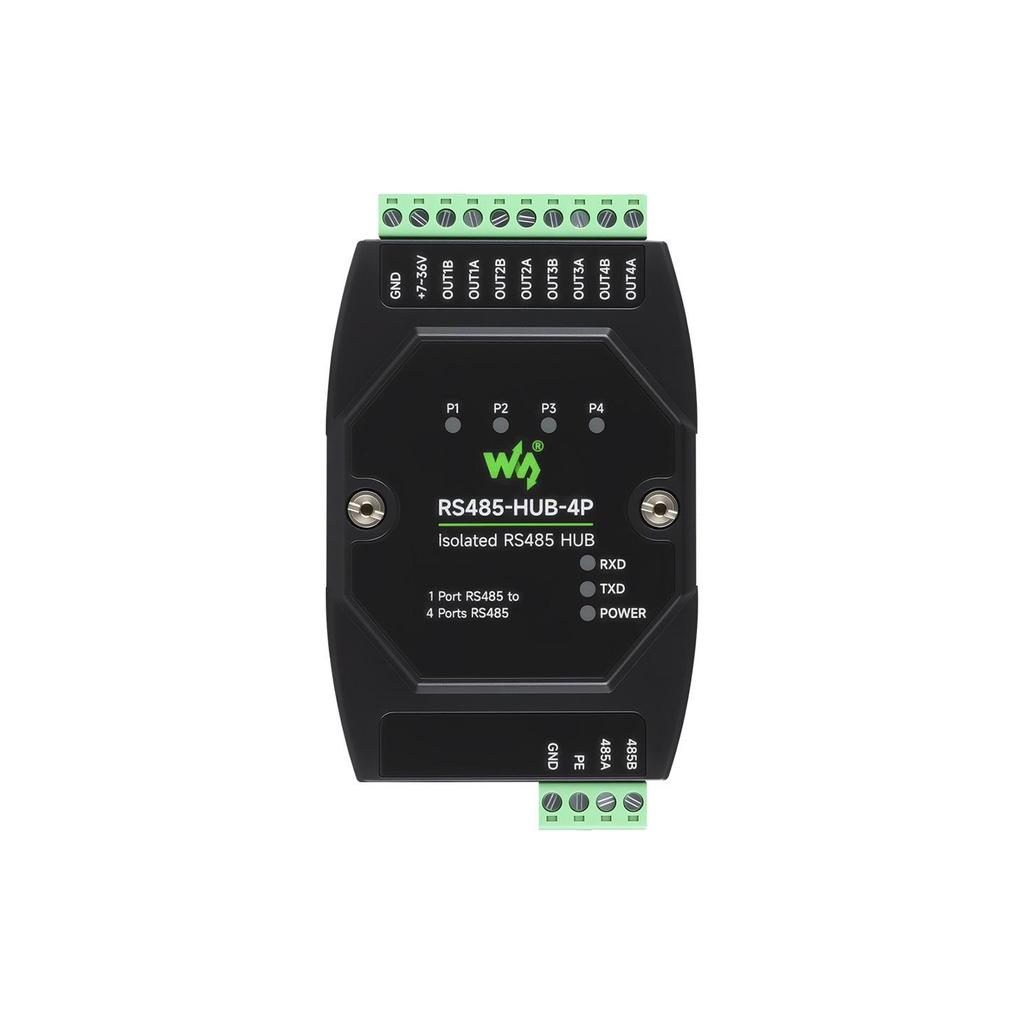 Industrial Isolated 4-Port RS485 Hub Repeater, DIN Rail Mount, Wide Baud Rate