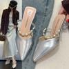 High-heeled Single Shoes Pearl Bag Head Sandals Summer Thick Heel with Slippers Female Outer Wear Pointed Head Half Drag Middle Heel Fairy