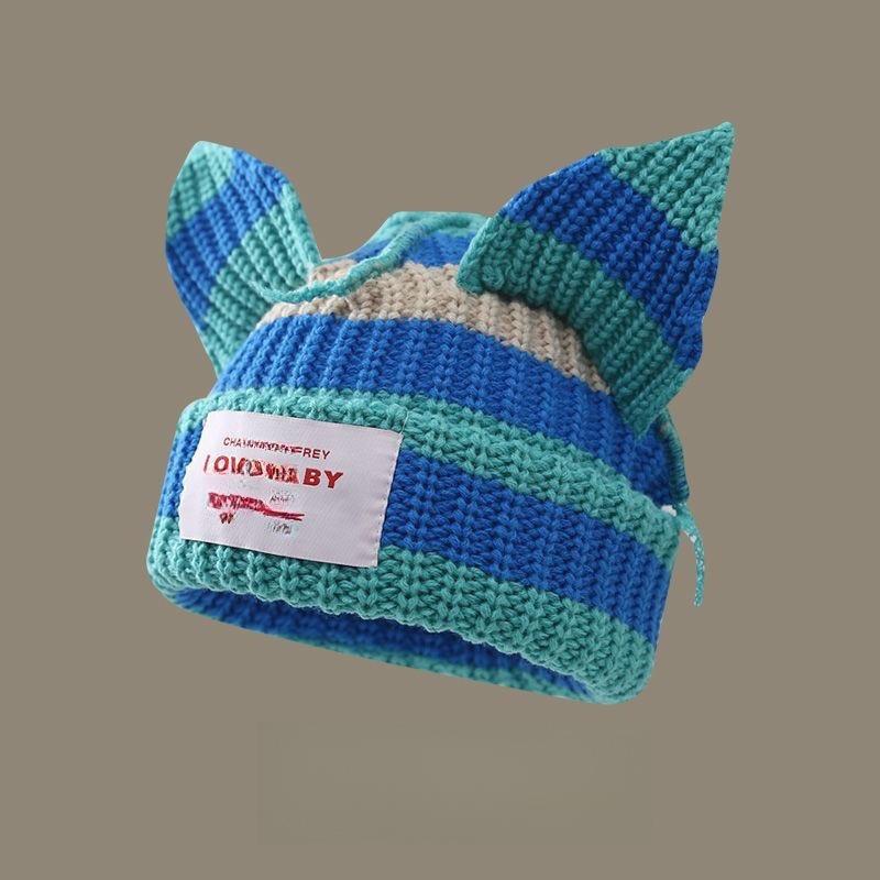 1PC Spliced Colors Fashionable Knitted Hat Keep Warm Gathering Take Photos Pig Ears Thickened Cute Festival New Style