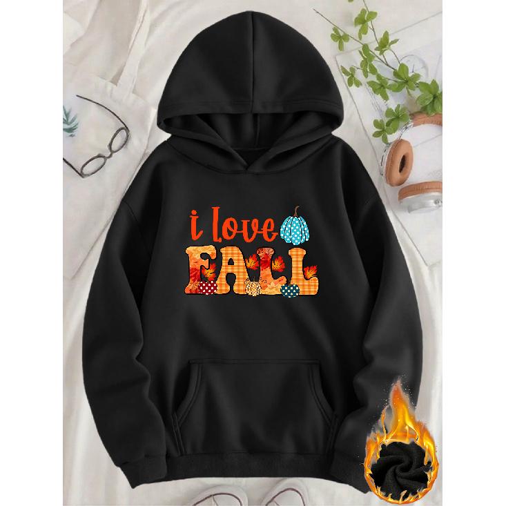 Women's Casual Fleece-Lined Hoodie with Autumn Pumpkin & Maple Leaf Print - Cozy Thanksgiving Top