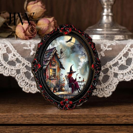 Waterproof Retro Oil Painting Magnets Halloween Wooden Refrigerator Magnets, Vintage Gothic Oval Frame Fridge with Witch Style Home Office Accents