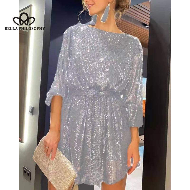 European American New Holiday Party Evening Dress Fashion Sequin Bead Solid Color Tight Waist Dress Dress